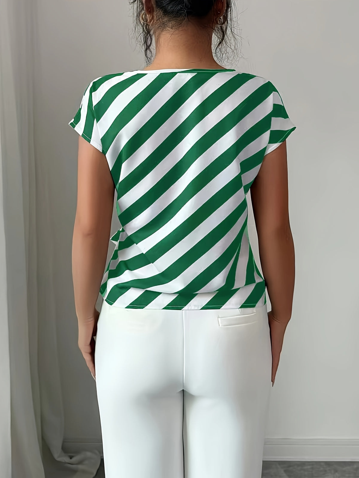 Women'S Elegant Commute High Neck Design Striped Print Vacation Casual Shirt - Peacock Blue