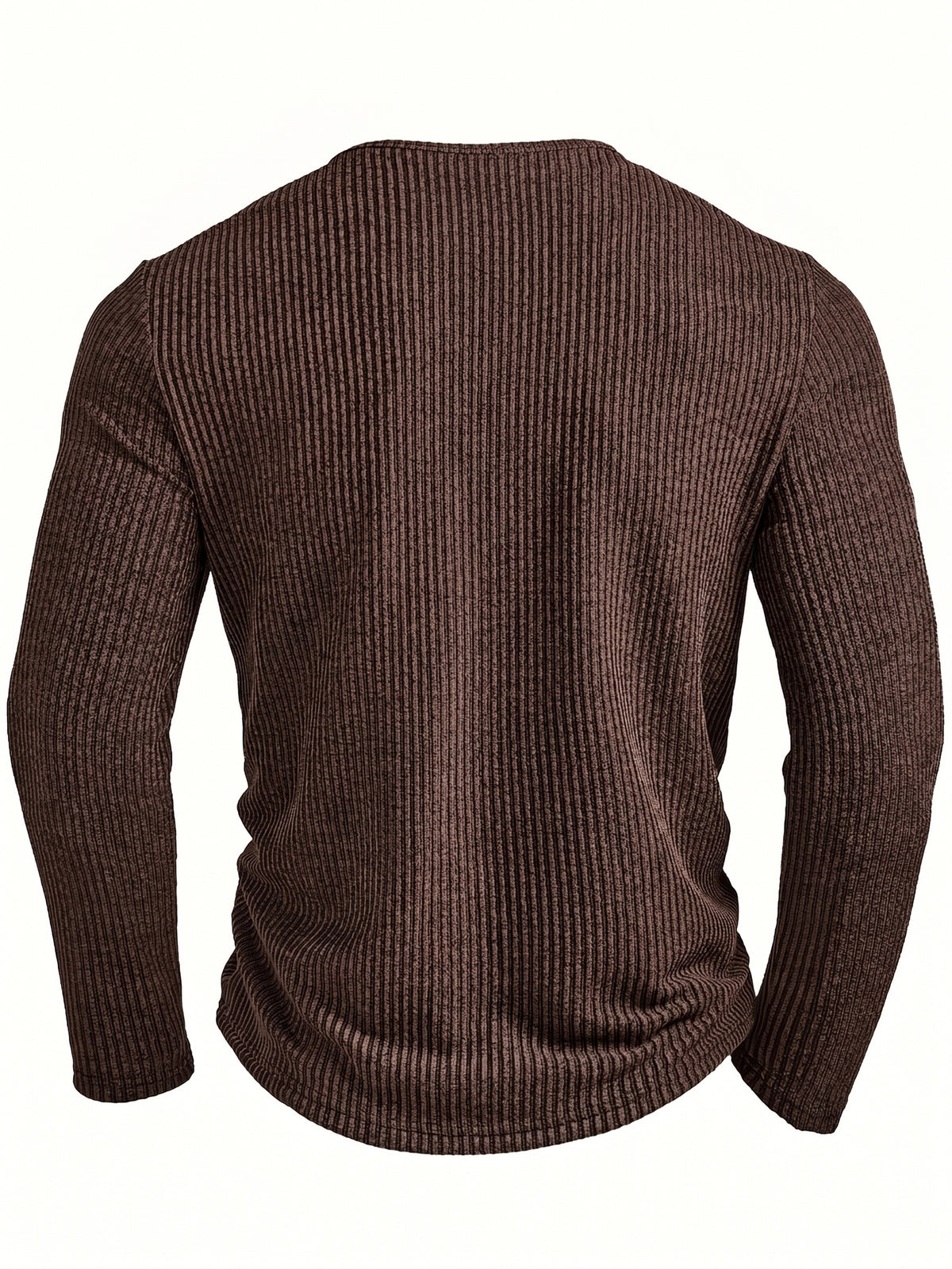 Men's Fashion Top, Autumn/Winter Casual Textured Ribbed Fabric Crew Neck Single-Breasted Long Sleeve Men's Henley Shirt - Dark Brown