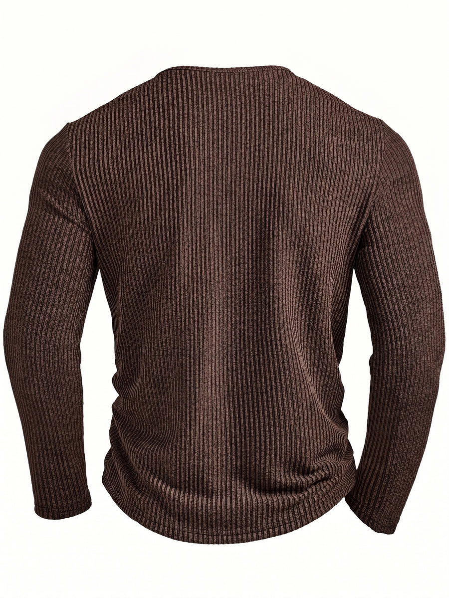 Men's Fashion Top, Autumn/Winter Casual Textured Ribbed Fabric Crew Neck Single-Breasted Long Sleeve Men's Henley Shirt - Dark Brown