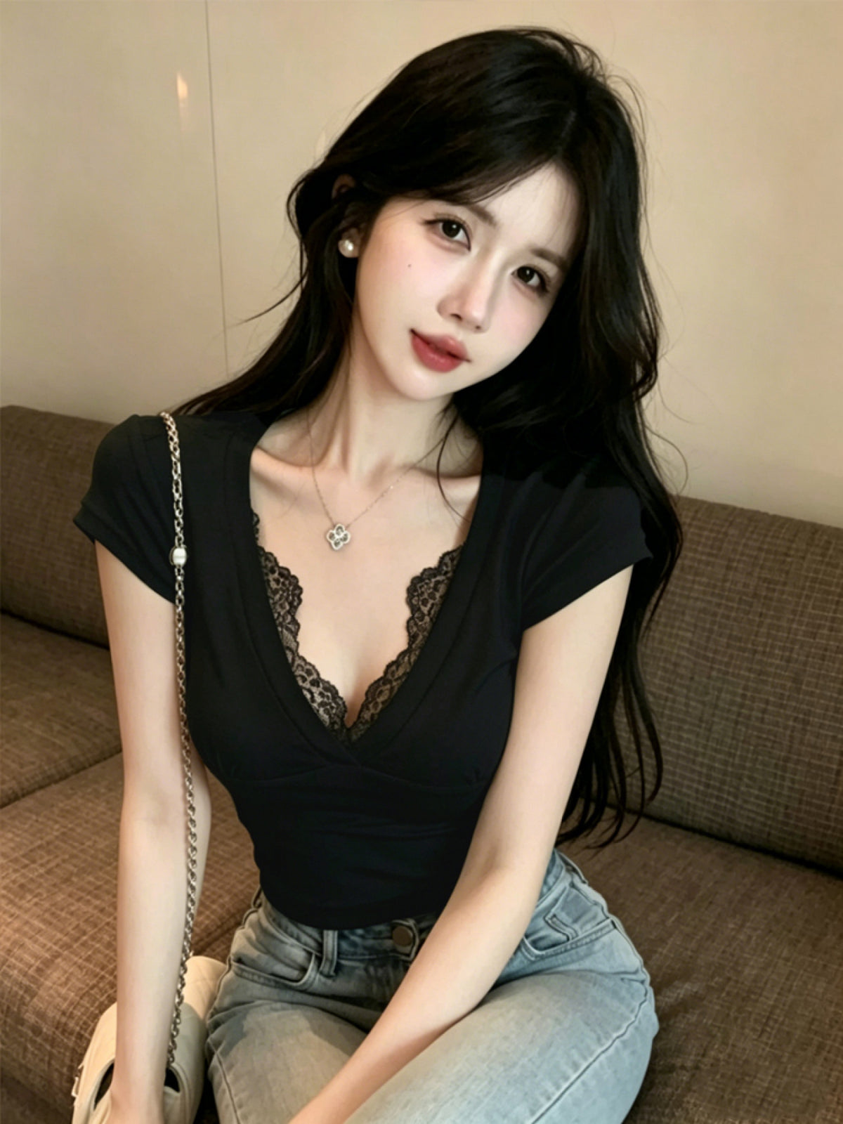 Women' Elegant V-Neck Lace Patch T-Shirt - Short Sleeve Blouse Top with Lace Trim, Solid Color Suitable for Summer, Machine Washable Non-Sheer Shirt for Casual & Dressy Wear - Black