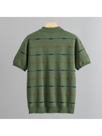 Men'S Contrast Narrow Stripe V-Neck Polo Knit Short Sleeve Summer Ice Fiber Fabric Slim Fit Breathable Top, Lightly Mature Commuter Textured Lapel Base Layer, Easy Versatile Casual Men'S Knit Polo Shirt - Olive Green