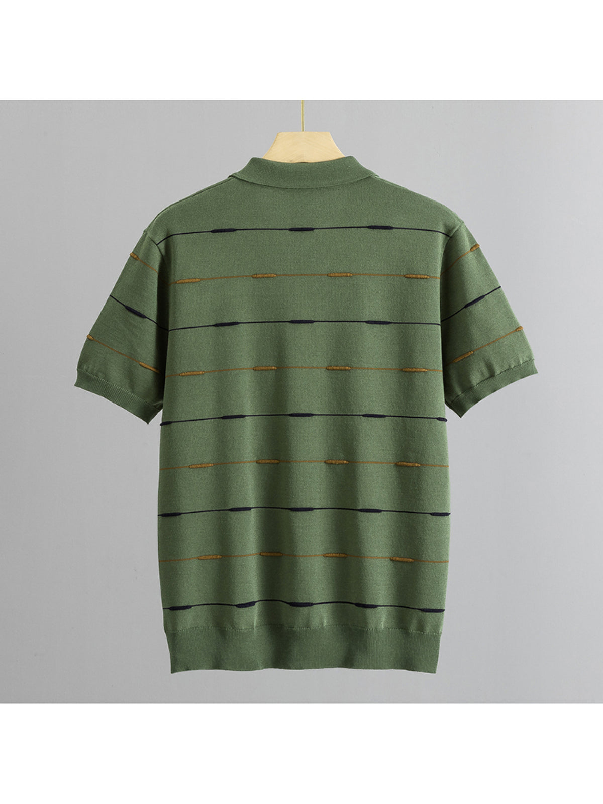 Men'S Contrast Narrow Stripe V-Neck Polo Knit Short Sleeve Summer Ice Fiber Fabric Slim Fit Breathable Top, Lightly Mature Commuter Textured Lapel Base Layer, Easy Versatile Casual Men'S Knit Polo Shirt - Olive Green