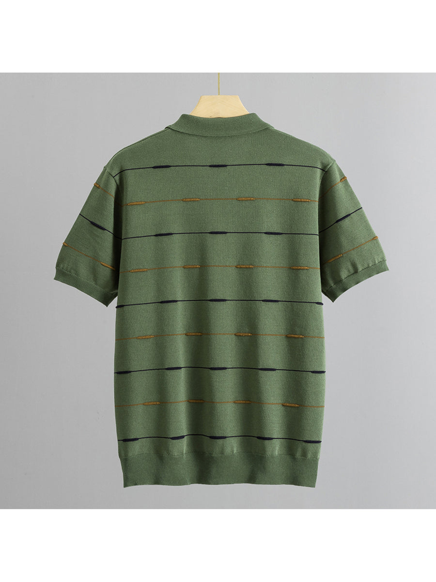 Men'S Contrast Narrow Stripe V-Neck Polo Knit Short Sleeve Summer Ice Fiber Fabric Slim Fit Breathable Top, Lightly Mature Commuter Textured Lapel Base Layer, Easy Versatile Casual Men'S Knit Polo Shirt - Olive Green