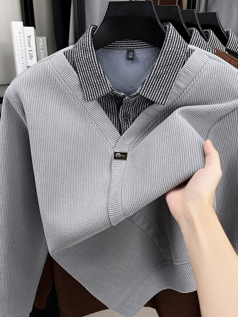 Men's Thick Warm Sweater Suitable for Winter - V-Neck Square Collar Knit Pullover with Color-Blocking Collar, Base Layer Sweater for Layering, Machine Washable Casual Warm Sweaters for Office & Casual Attire (Regular Fit) - Grey