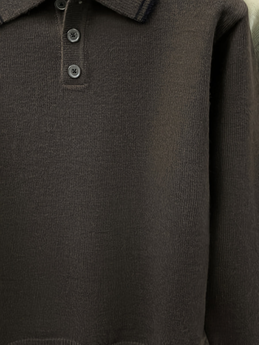 Men'S Lapel Long Sleeve Knit Sweater, Ribbed Cuffs And Hem, Versatile for Casual And Business Wear - Brown
