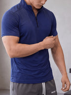 Men'S Stand-Up Collar Fitness Sweatshirt, 1/4 Half-Zipper Short Sleeve, Quick-Dry Breathable Slim Fit, Suitable for Cycling, Running, Gym Training - Royal Blue