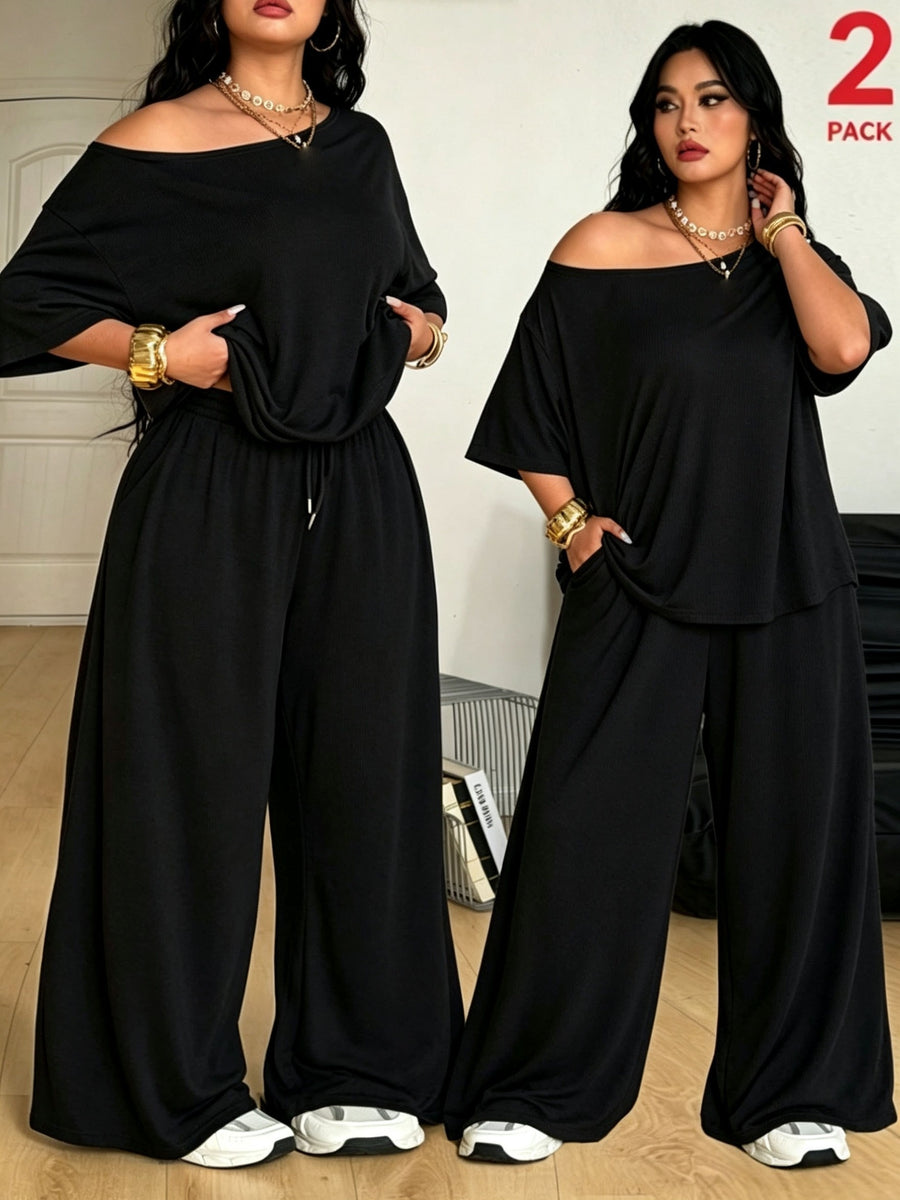Plus Size - New Women'S Plus Size T-Shirt And Pants Set, Suitable for Daily Wear, Shopping, Parties, Matching - Black