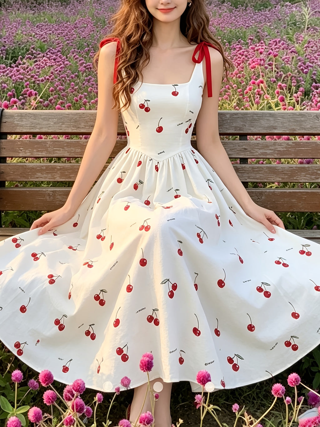 Square Neckline + Red Satin Ribbon Bow Shoulder Suspender Dress, Large A-line Mid-length Hem - White