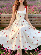Square Neckline + Red Satin Ribbon Bow Shoulder Suspender Dress, Large A-line Mid-length Hem - White