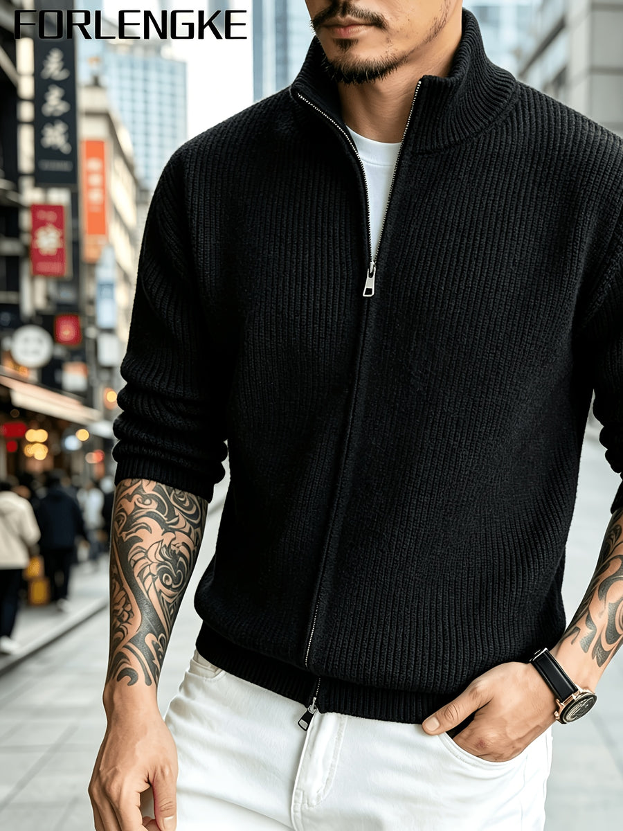 FORLENGKE Men Business Casual Stand Collar Full Zip Ribbed Knit Cardigan, Thick Warm Loose Long Sleeve Sweater Jacket for Fall Winter Office Daily Wear - Black