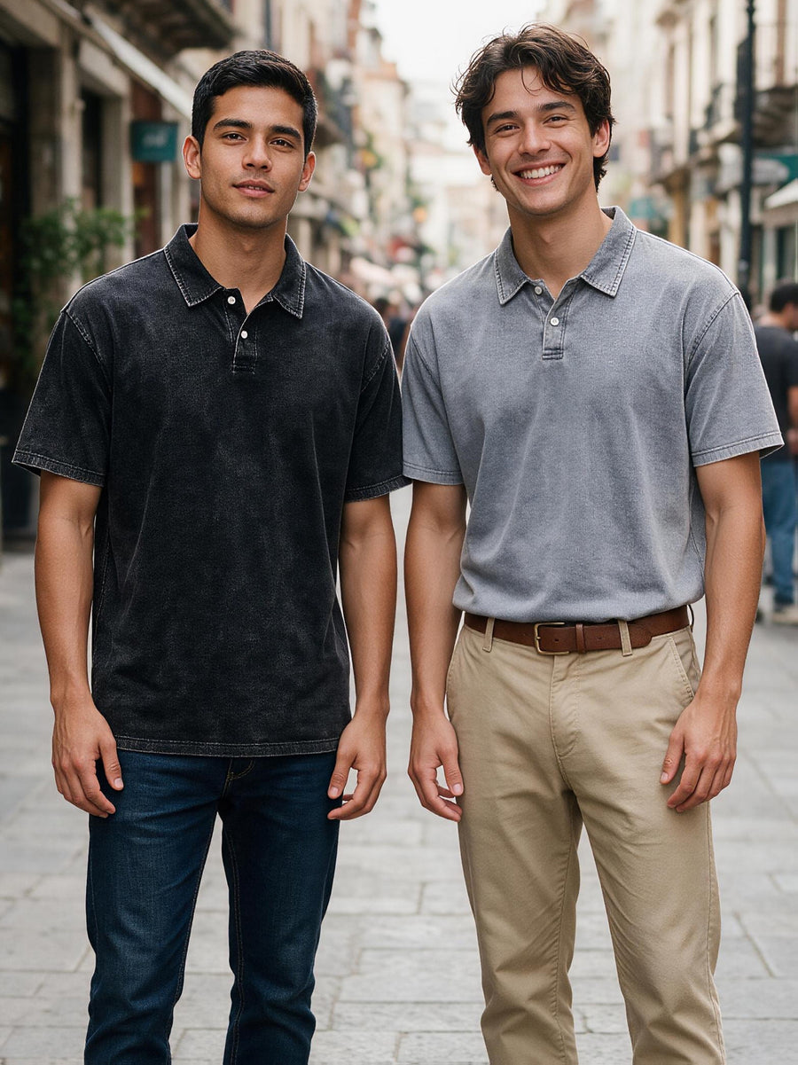 Two-pc More Cost-Effective Heavyweight Combed Pure Vintage Washed Distressed Polo Shirt for Men, Loose Fit Casual Short Sleeve Lapel, Latin American Style Daily Versatile Button-Up Top, Business Casual Commuter Lapel T-Shirt - Black Gray