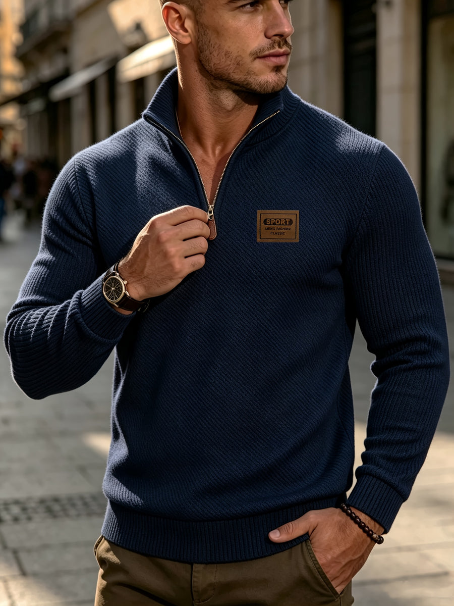 BOWZ Men's Casual Top, Solid Color Stand Collar Sweatshirt, Half-Zip Design, Warm Knit Henley Shirt, Skin-Friendly and Sweat-Absorbent, Simple, Casual, Fashionable, and Versatile, Men's Autumn/Winter Long-Sleeve Top, Suitable for Daily Leisure - Navy Color