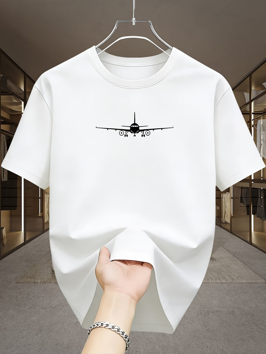 Minimalist Light Luxury Style Line Airplane White Label Print Casual Business Men'S T-Shirt, Daily Commute - White