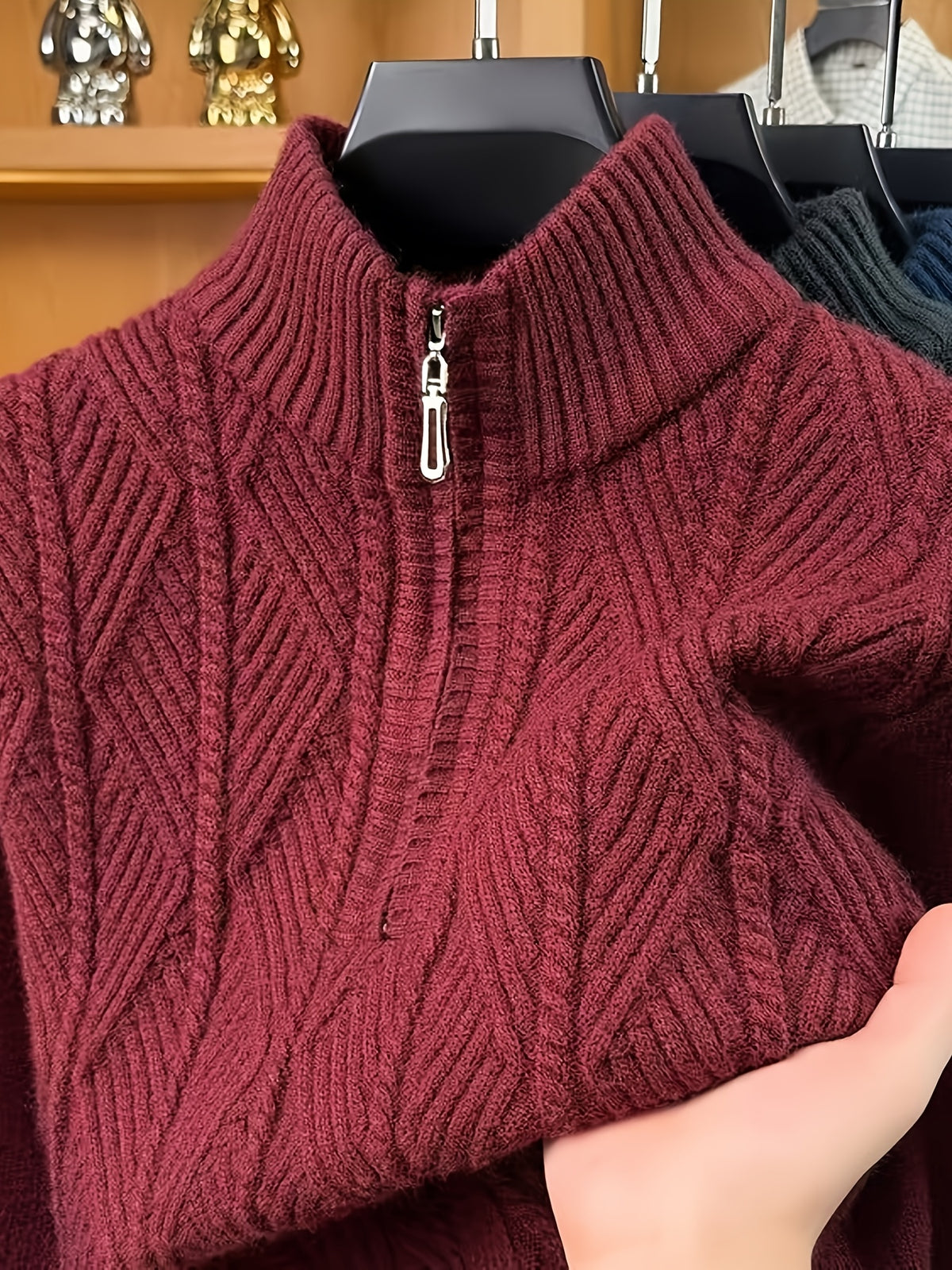 Men's Autumn/Winter Half-Turtleneck Zipper Sweater, Business Casual Pullover Base Layer Top - Burgundy