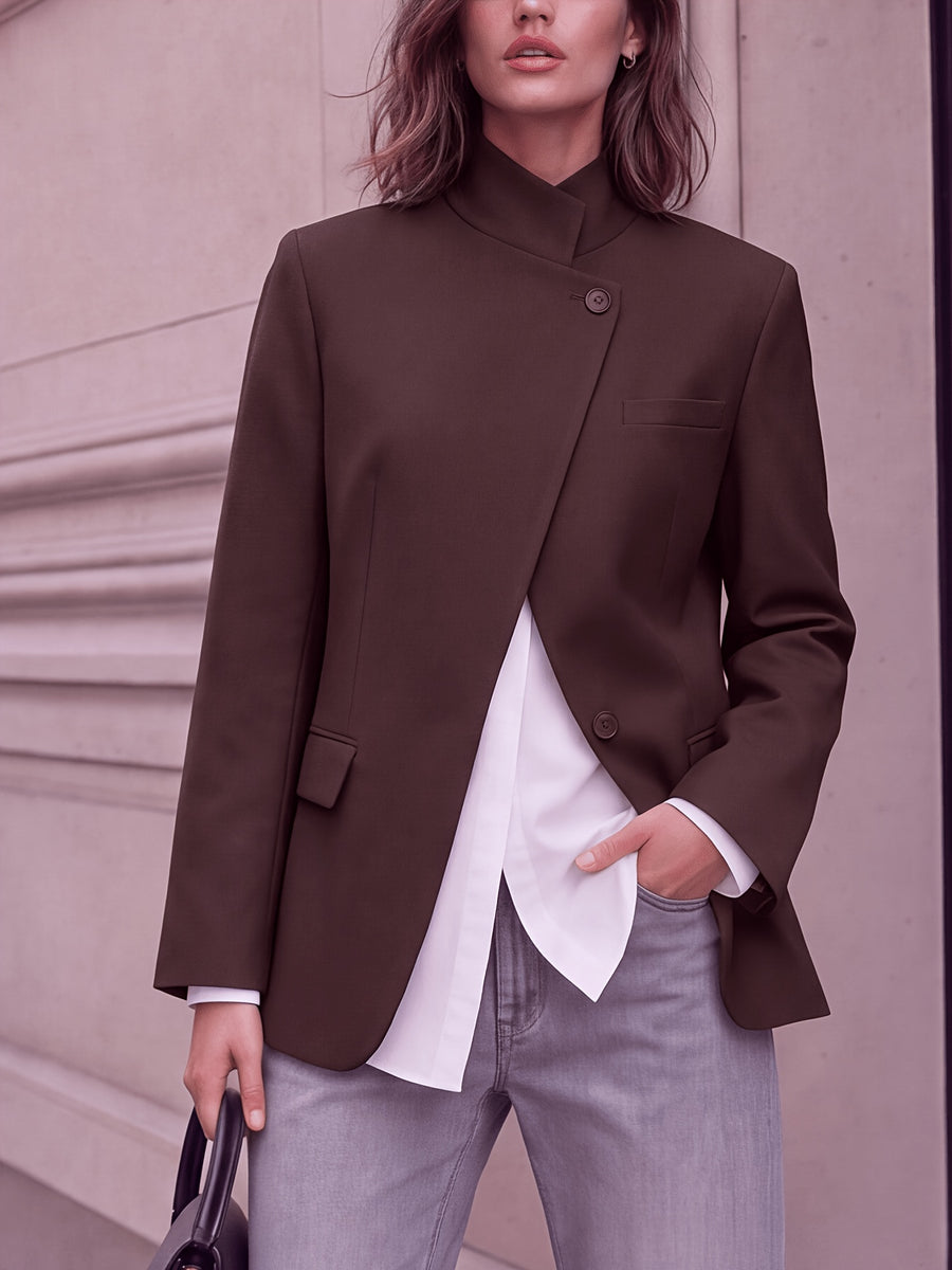 Stand-up Collar with Irregular Slanted Placket, Women's Casual Blazer, Versatile and Elegant Commuter Blazer Top, Dual-wear Suit for Daily and Workplace, Lined, with Pockets - Coffee Color
