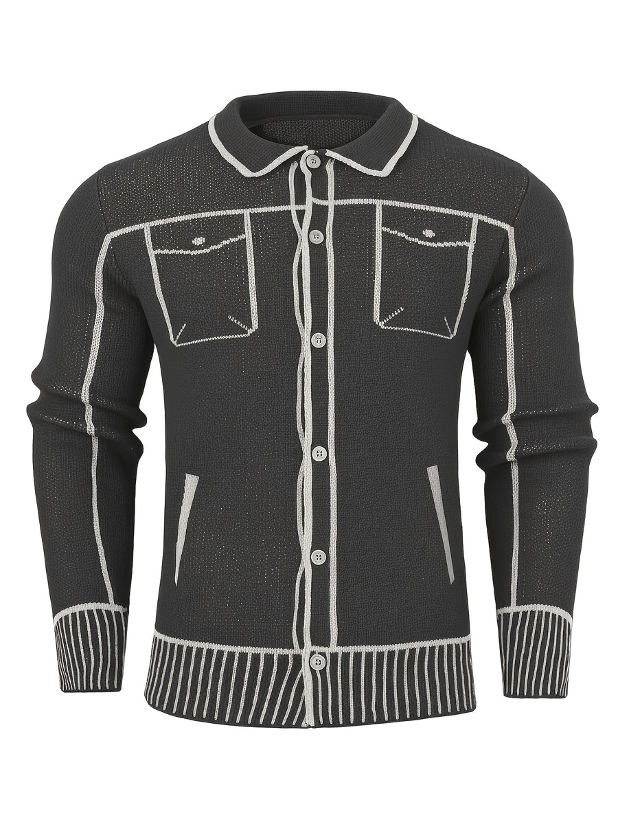 Men'S Casual Knit Cardigan, Fall Winter New Fashion Line Design Cardigan Sweater - Dark Gray