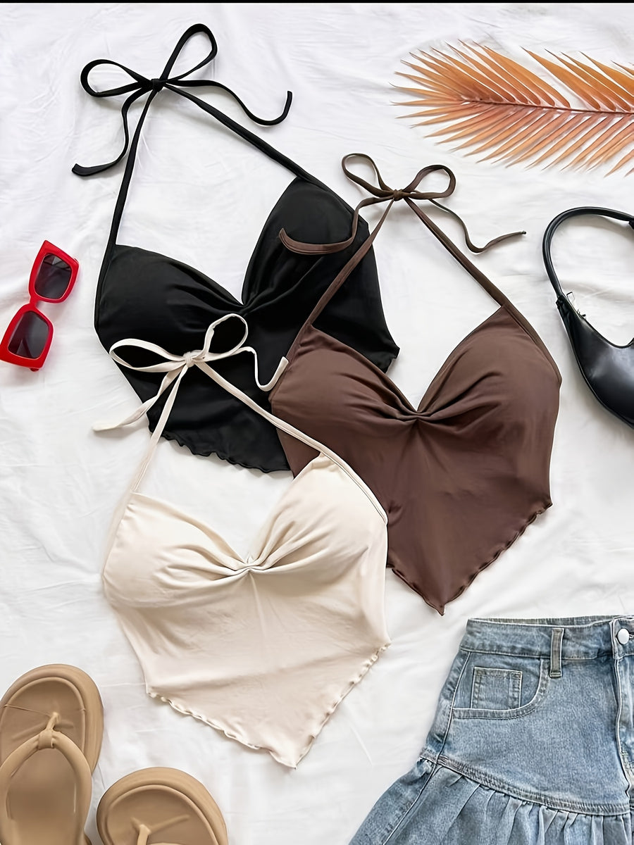 3pcs Set Women'S Spring Summer New Casual Vacation Outfit Western Beach Tropical Cami Party Top Easter Music Festival - Black+khaki+apricot