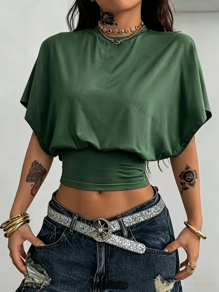 BK260403040 Women's Fashion Spring/Summer New Arrival, Stylish and Elegant, Solid Color No Print, Casual Versatile Waist-Cinching T-Shirt, Essential Basic Style—Suitable for Daily Spring/Summer Wear,, Beach, Vacation, and Home - Dark Green