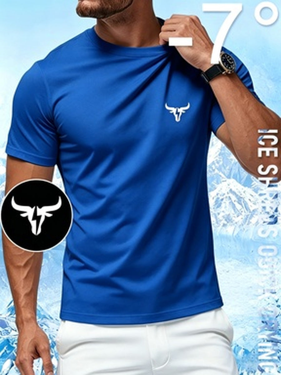 Men'S Ultra-Thin Performance Fitness T-Shirt with Bull Head Pattern, Suitable for Gym, Running, And Outdoor Activities, Breathable And Quick-Dry Round-Neck Sports Top - Royal Blue