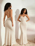 French-Style Polka Dot Criss-Cross Backless Spaghetti Strap Long Dress, Summer Slim-Fit Hip-Hugging Mermaid Wrap Collar Women's Dress - Off-white