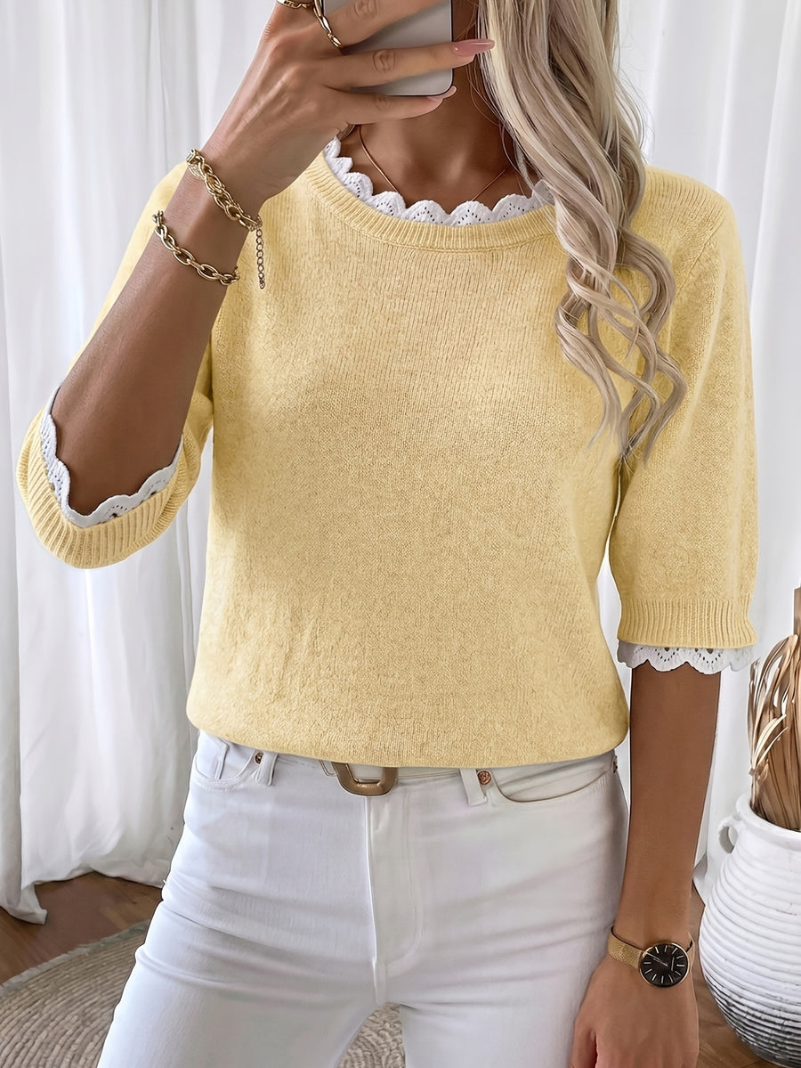 Women'S Elegant Round Neck Sweater Pullover, Casual Short Sleeve Top, Solid Color Spring Summer Pullover, Loose Fit, Comfortable Wear, Suitable for Spring Summer Autumn Fashion Versatile Women'S Clothing, Short And Deep - Lemon Yellow
