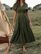 Women's Fashion V-Neck Solid Color Slit Dress - Army Green