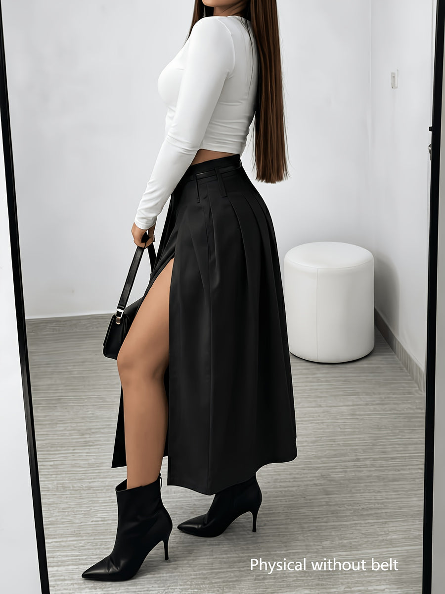 New Spring/Summer Women's High-Waist Pleated Skirt, Waist-Cinching Spicy Style, Versatile Midi Length, Beltless Design - Black