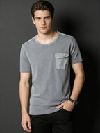 Men's Washed Distressed Vintage T-Shirt Polo Shirt Top, Solid Color Casual Top, British Style with Pocket, Washed Distressed Finish, Nostalgic Vintage Style with Faded Effect - Silvery Grey