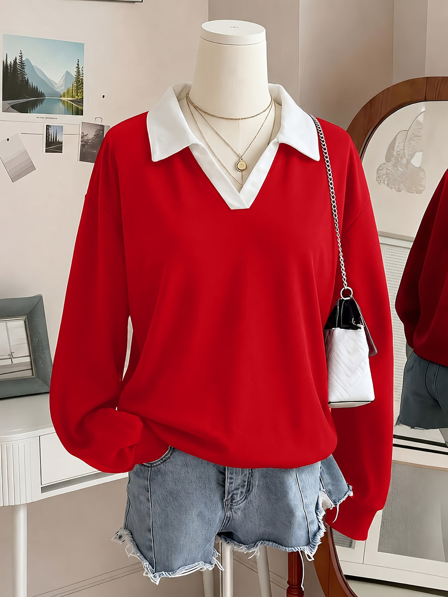 New Arrival with Atmospheric Vibe! V-neck Spliced 2-in-1 Look Polo Collar Casual Sweatshirt, Soft, Skin-Friendly, Loose Fit. Perfect for Street Strolling, Shopping, Dates, and Minimalist Commuting - A Versatile Must-Have Piece - Red And White