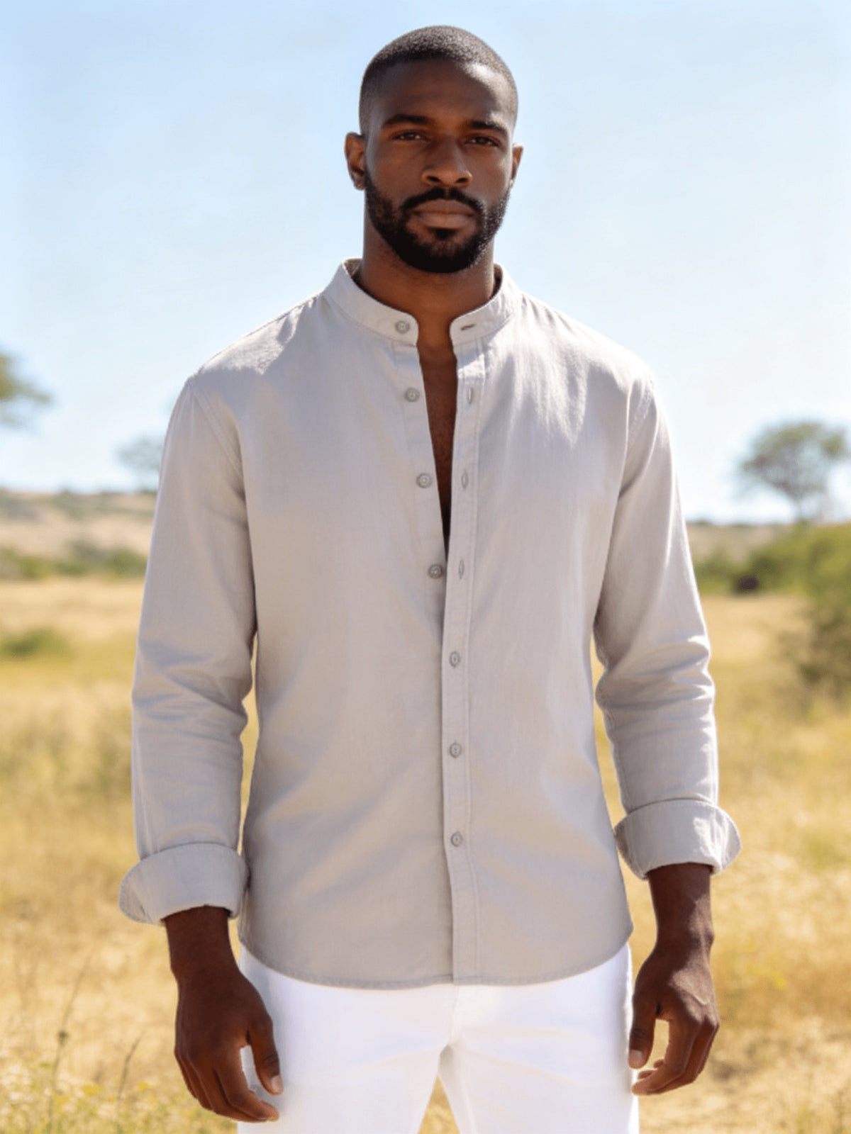 26-Year-Old Men'S New Small Stand-Up Collar Long-Sleeve Shirt, Classic Solid Colors And Multi-Colors Available. Soft, Breathable, Loose Fit for Men, Versatile Shirt for Daily Leisure - Grey