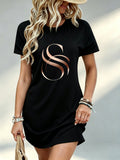 Printed Design Not Textured, Casual Style, Women Dress, Letter S Print, Daily Wear, Gift for Her, 100 Percent Polyester - Black
