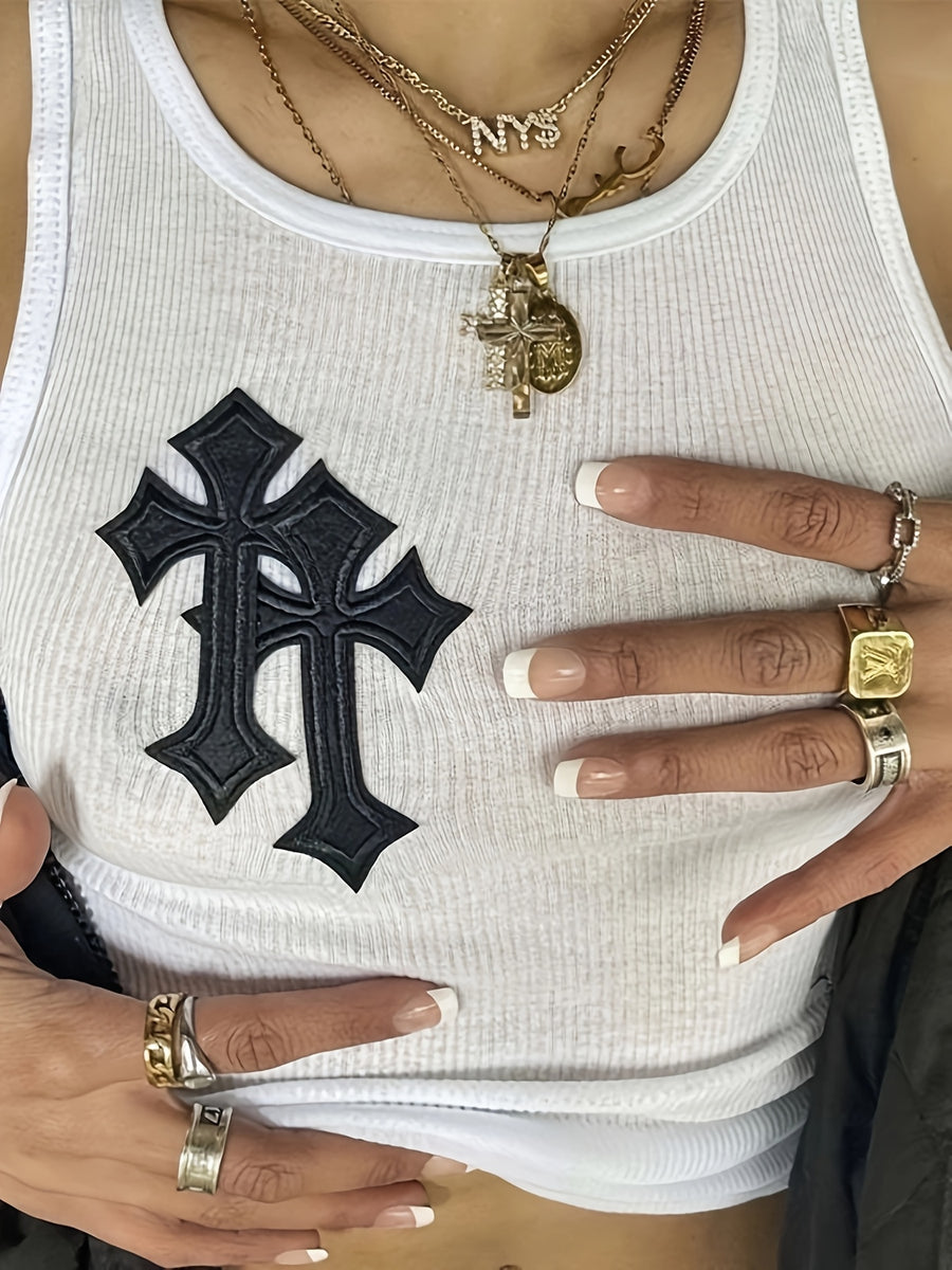 White Cross-patch Ribbed Cropped Vest - White