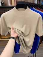 [Wading Whale OBM] 1pc Spring Summer New Men'S Knit Pullover Sweater, Old Money Style Textured Solid Color Short Sleeve T-Shirt, Casual Fashion Thin Breathable Ribbed Pullover Sweater Base Layer Top, Suitable for Spring And Summer Wear - Apricot
