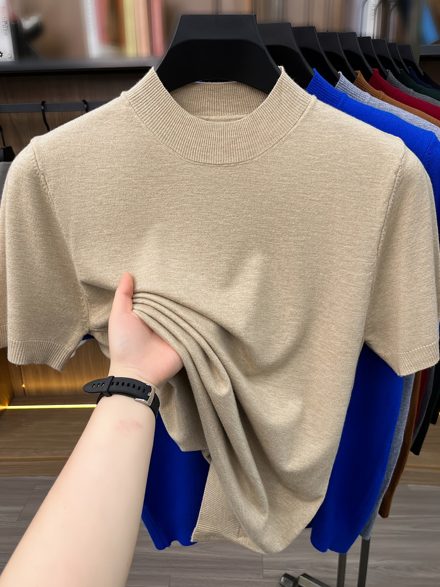 [Wading Whale OBM] 1pc Spring Summer New Men'S Knit Pullover Sweater, Old Money Style Textured Solid Color Short Sleeve T-Shirt, Casual Fashion Thin Breathable Ribbed Pullover Sweater Base Layer Top, Suitable for Spring And Summer Wear - Apricot