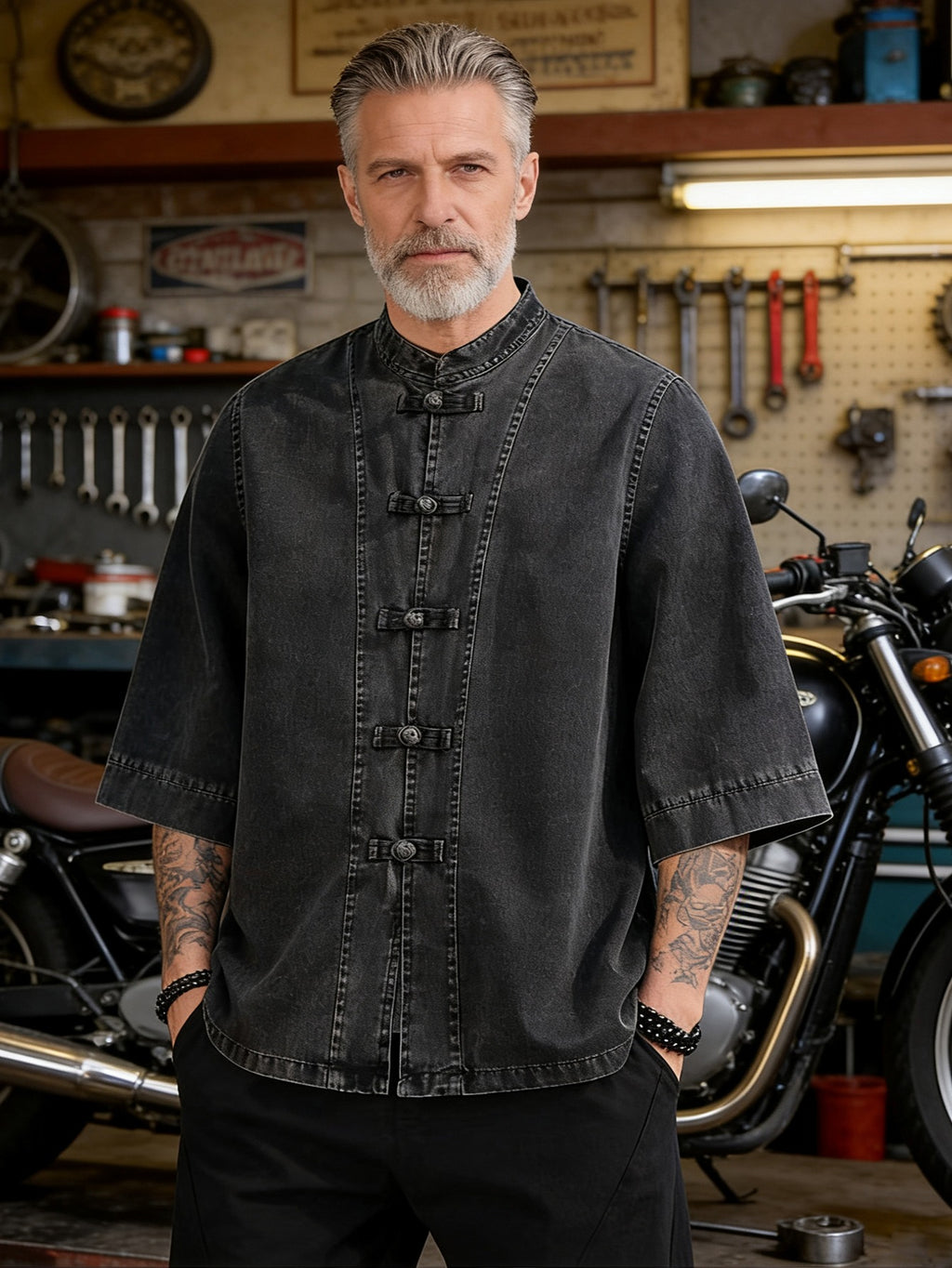 Zhiyu OBM New Chinese-Style Vintage Button-Up Denim Jacket, Chinese Tang-Style Shirt, Loose Fit Plus Size Mantou-Style Seven-Quarter Sleeve Hanfu Men's Top, Chinese Size, Please Check The Size Guide Carefully - Black