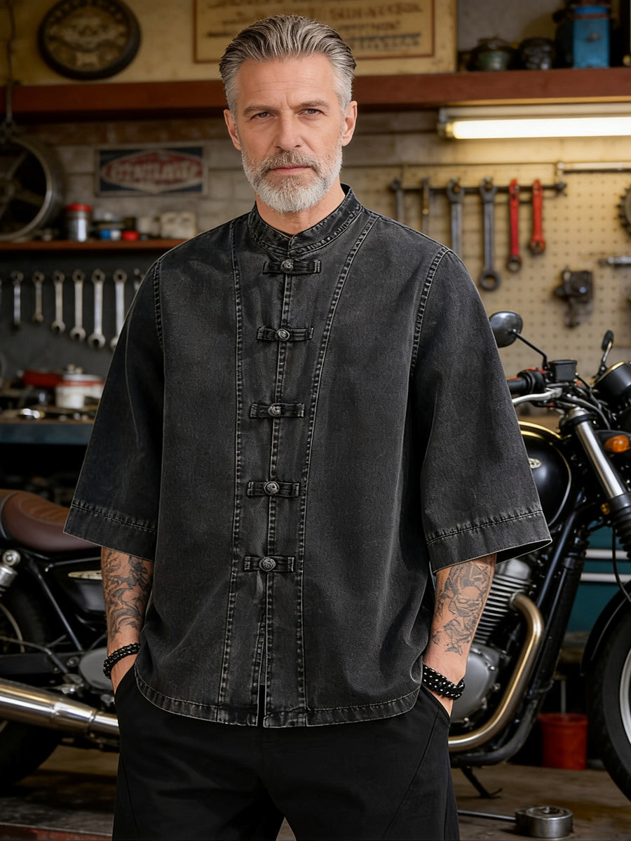 Zhiyu OBM New Chinese-Style Vintage Button-Up Denim Jacket, Chinese Tang-Style Shirt, Loose Fit Plus Size Mantou-Style Seven-Quarter Sleeve Hanfu Men's Top, Chinese Size, Please Check The Size Guide Carefully - Black