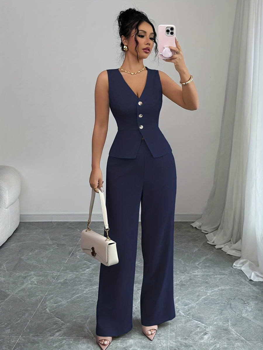 Sleeveless Elegant Vest And Women'S Pants Set, Summer Office Wear - Navy Color