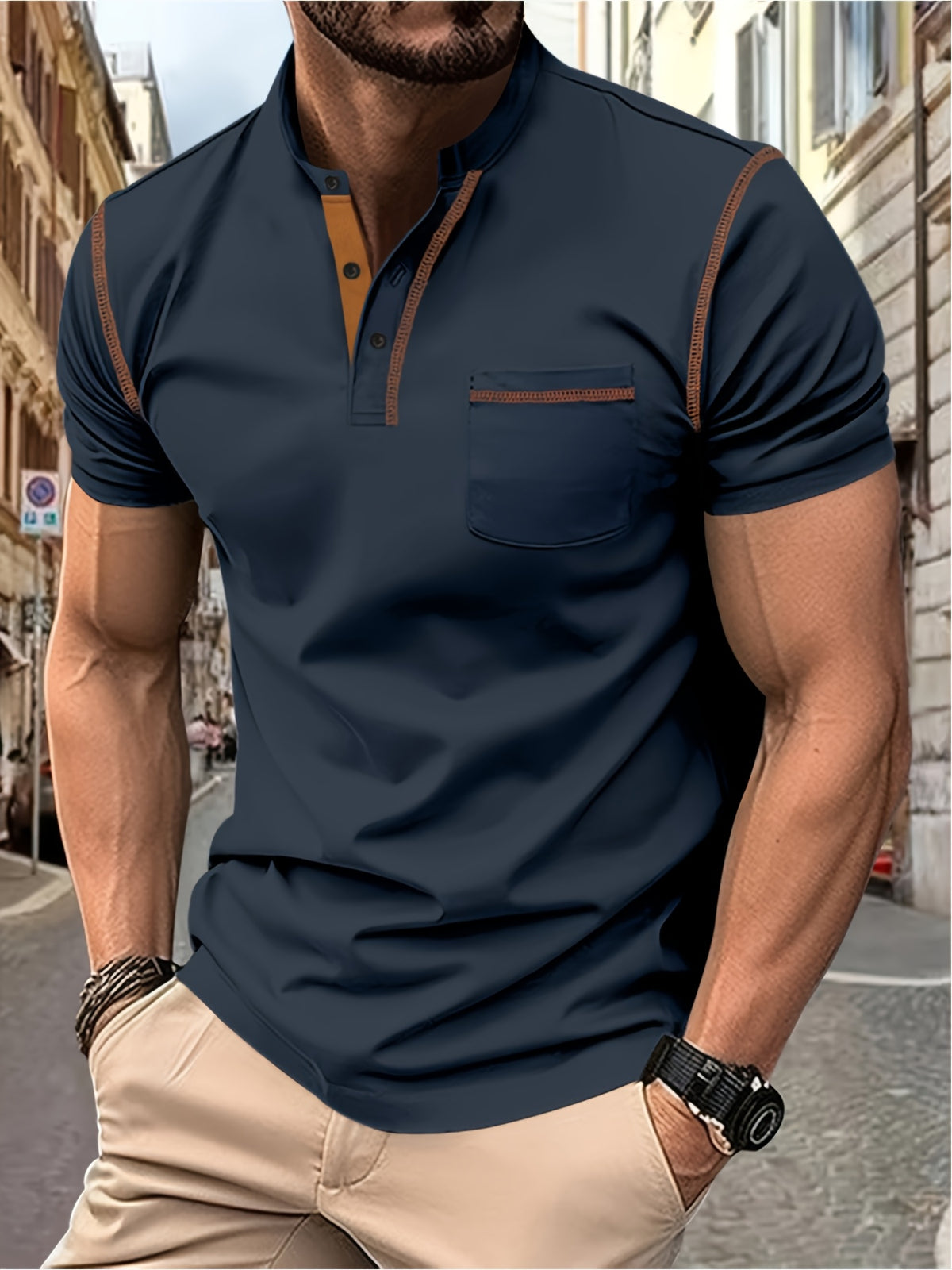 4pcs Set Fashion Men'S Henley Shirts Short Sleeve Golf Shirt for Men Casual Outdoor Tennis T-Shirt Polos - Khaki-Wine Red-Navy Blue-Military Green