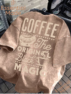 American High Street COFFEE Coffee Bean Cafe Themed Letter Print Distressed Washed Short-Sleeve T-Shirt - Loose Fit Casual American Vintage Style Men's Washed T-Shirt Casual Top - Brown 1