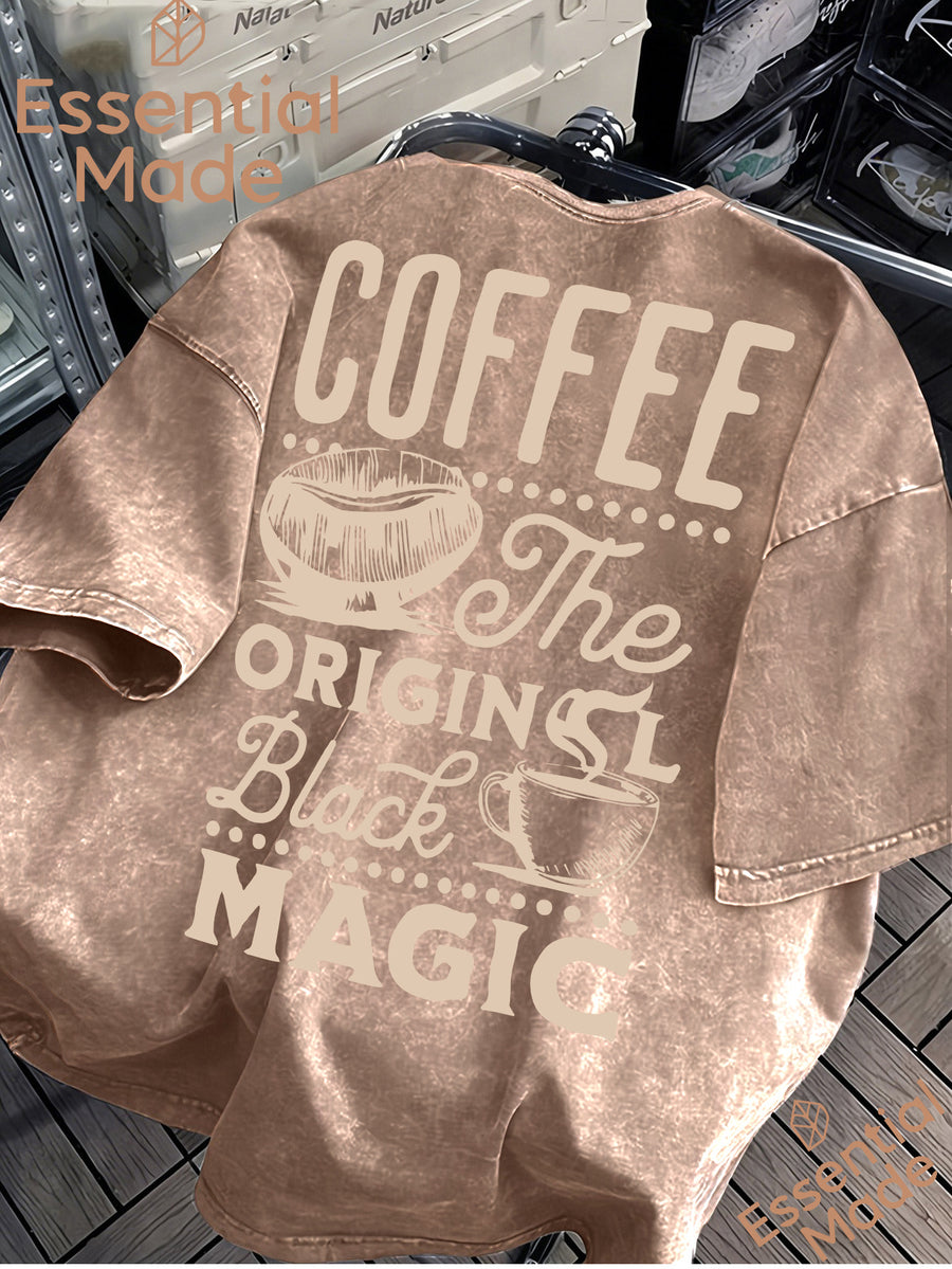 American High Street COFFEE Coffee Bean Cafe Themed Letter Print Distressed Washed Short-Sleeve T-Shirt - Loose Fit Casual American Vintage Style Men's Washed T-Shirt Casual Top - Brown 1