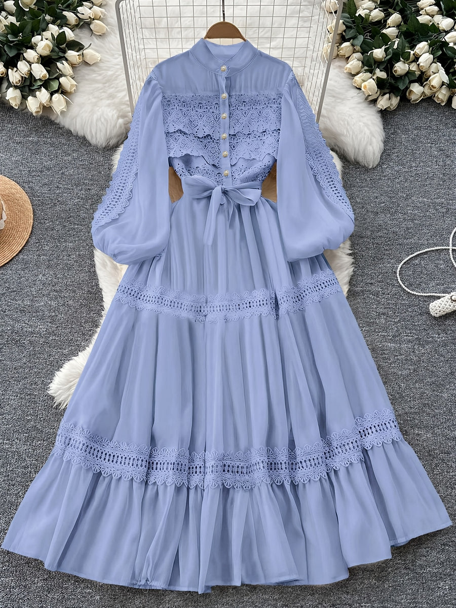 Fashion Retro Stand-Up Collar Lace Trim Patchwork Dress Court Style Lantern Sleeve Waist-Cinching Tie-Waist Flared Long Dress - Blue