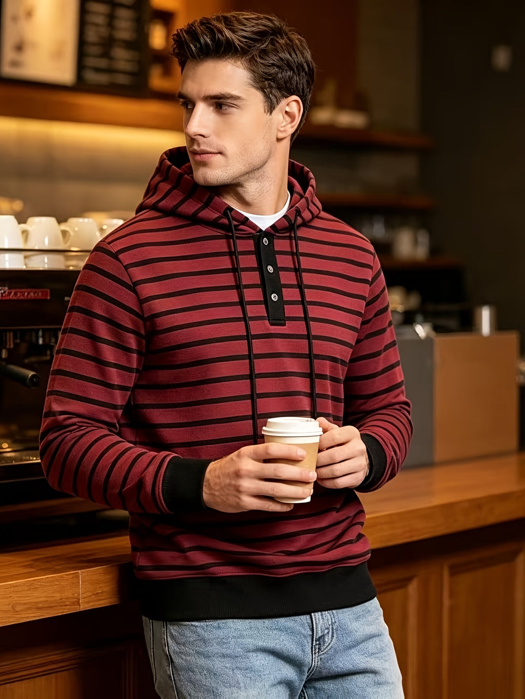 2026 New Men'S Striped Hooded Sweatshirt, Half-Button Drawstring Hoodie, Casual Long Sleeve Pullover Top - Red