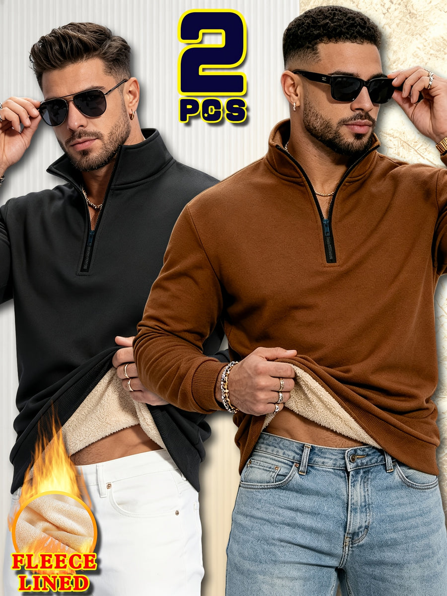 2pcs Fashionable Sporty Autumn/Winter New Arrival Men's Winter Top, Trendy Half-Zip Henley Shirt, Men's Long-Sleeve Casual Comfortable Warm Pullover Jacket for Spring/Autumn - Mixed Color 4