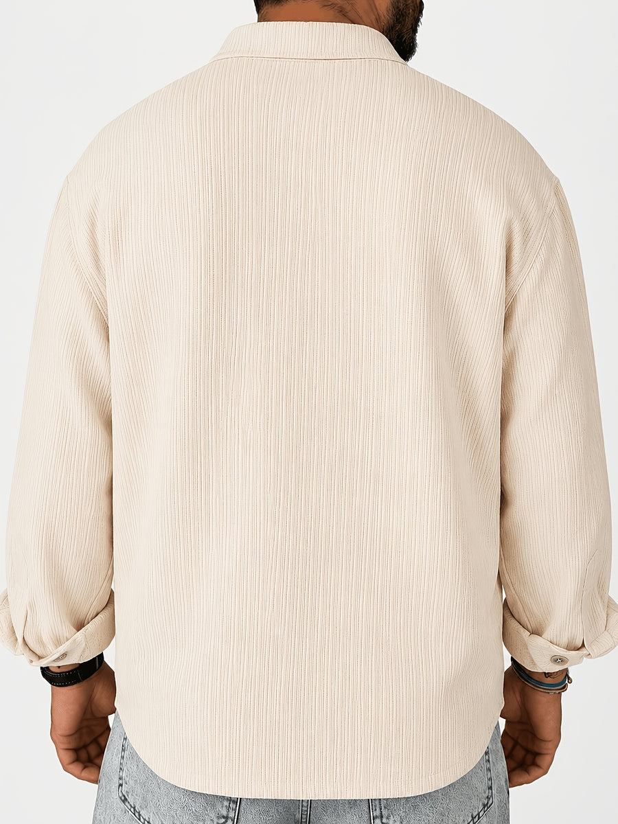Men's Vintage Lapel Long Sleeve Shirt, Vertical Ribbed Minimalist Solid Knit Top, Versatile Casual Wear - Apricot