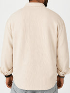 Men's Vintage Lapel Long Sleeve Shirt, Vertical Ribbed Minimalist Solid Knit Top, Versatile Casual Wear - Apricot