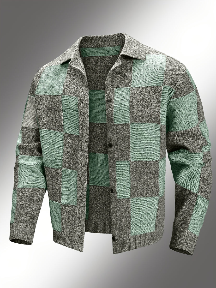 Men'S Checkered Jacket; Lapel Plaid Single-Breasted Casual Jacket; Autumn And Winter Men'S Top, Suitable for Daily Work Scenes - Gray Green