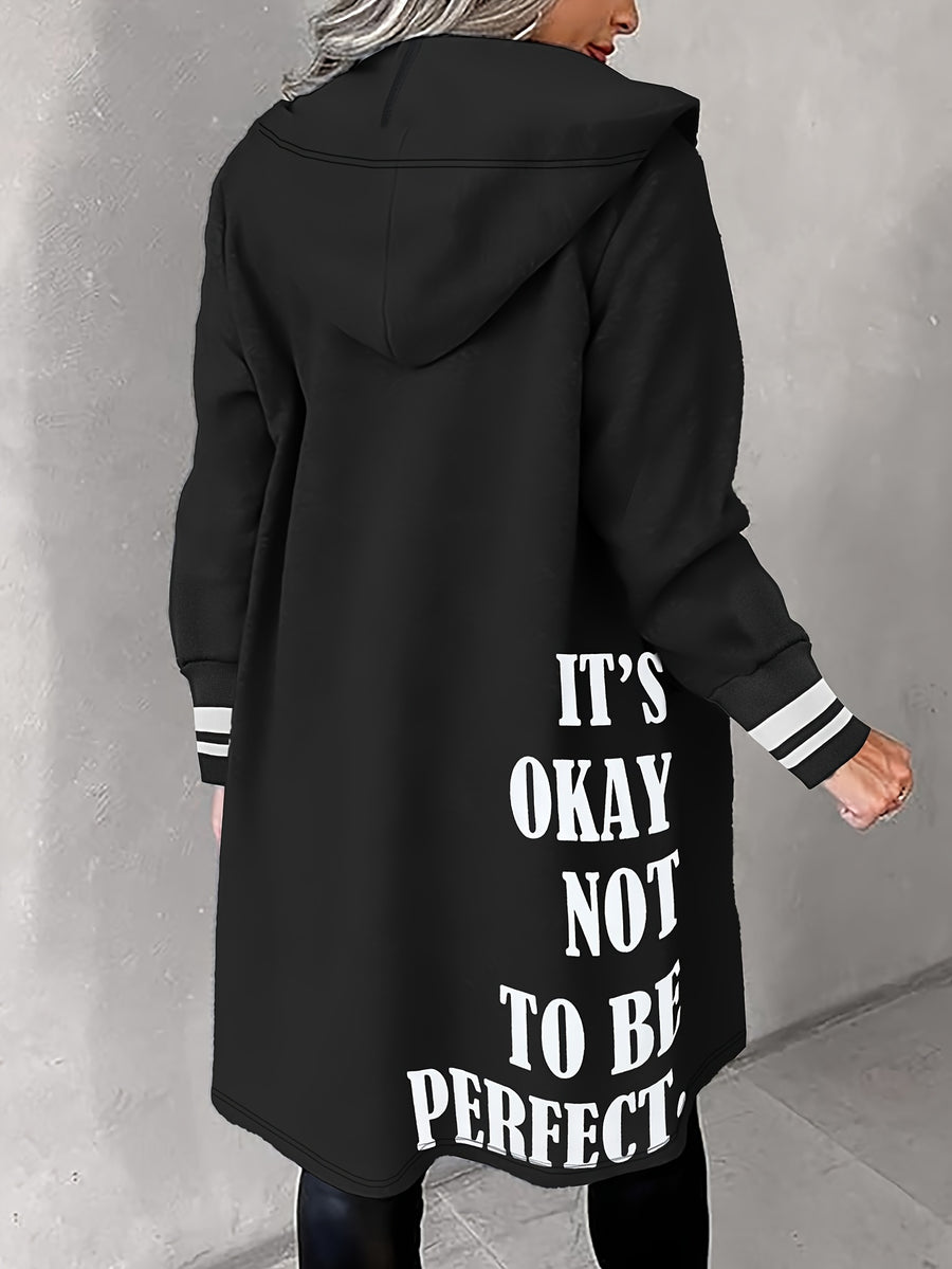 Autumn and Winter Women's Casual Fashion "It's Okay Not to Be Perfect" English Print Long Sleeve Hooded Sweatshirt Jacket, Mid-Length Zip-Up Loose Casual Coat with Pockets, -Lined Warm Comfortable ILOVE English Print Drawstring Fashion Versatile I - Black