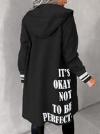 Autumn and Winter Women's Casual Fashion "It's Okay Not to Be Perfect" English Print Long Sleeve Hooded Sweatshirt Jacket, Mid-Length Zip-Up Loose Casual Coat with Pockets, -Lined Warm Comfortable ILOVE English Print Drawstring Fashion Versatile I - Black
