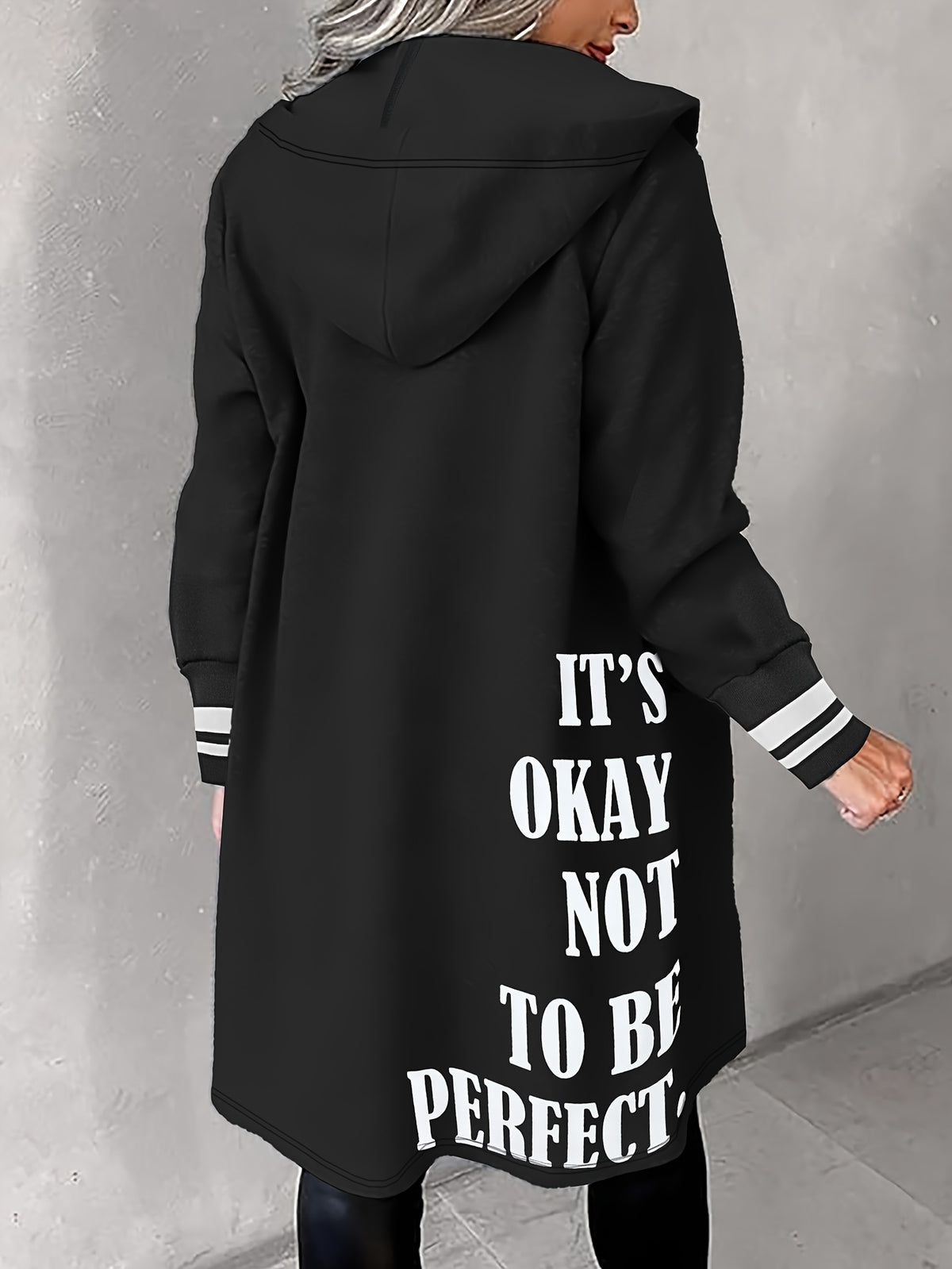 Autumn and Winter Women's Casual Fashion "It's Okay Not to Be Perfect" English Print Long Sleeve Hooded Sweatshirt Jacket, Mid-Length Zip-Up Loose Casual Coat with Pockets, -Lined Warm Comfortable ILOVE English Print Drawstring Fashion Versatile I - Black