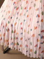 New High-Waisted Pleated Tulle Skirt with Peach Heart Print, A-Line Midi Skirt with Flared Hem - Pink